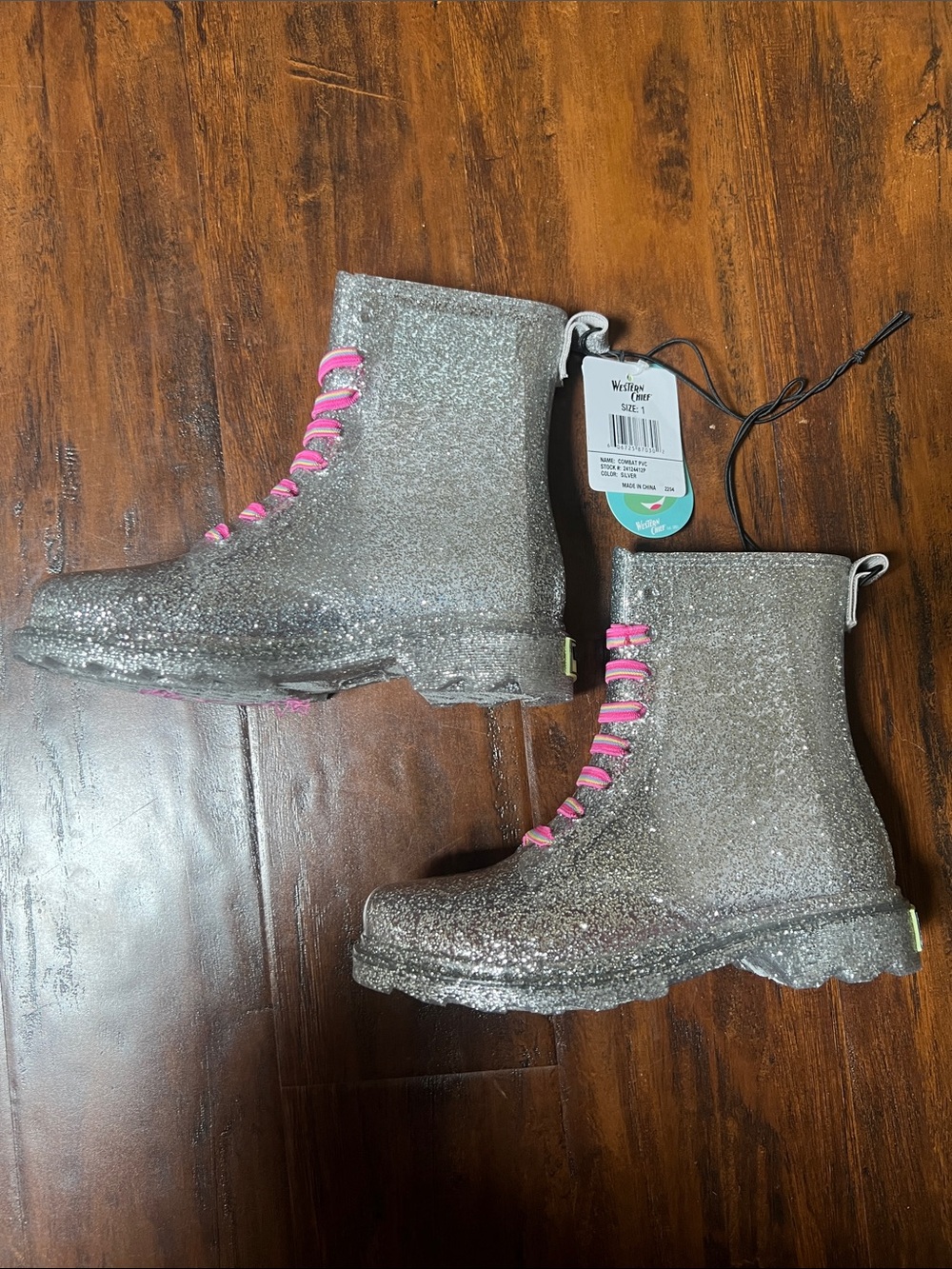 NWT Western Chief Glitter Combat Rain Boots with Hot Pink No Tie Laces Size 1 - Picture 5 of 10